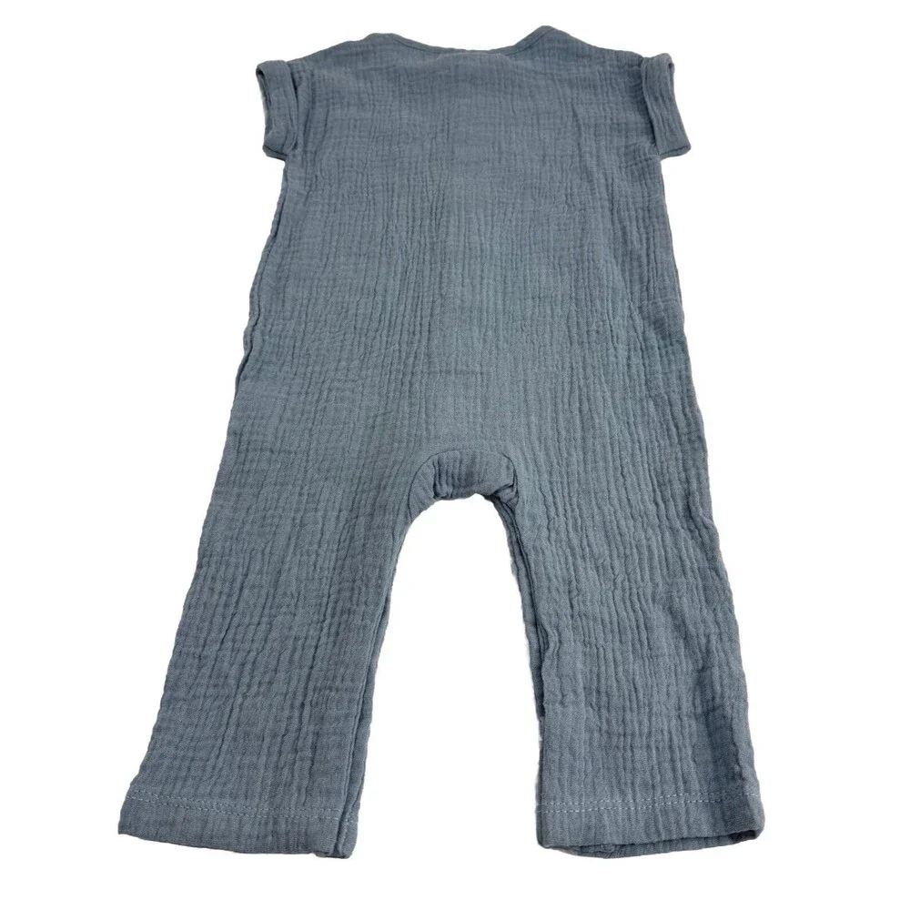 Rabbit+Bear Organic Cotton Infant 6-9 mo Outfit Hat One Piece Gauze Blue Short
